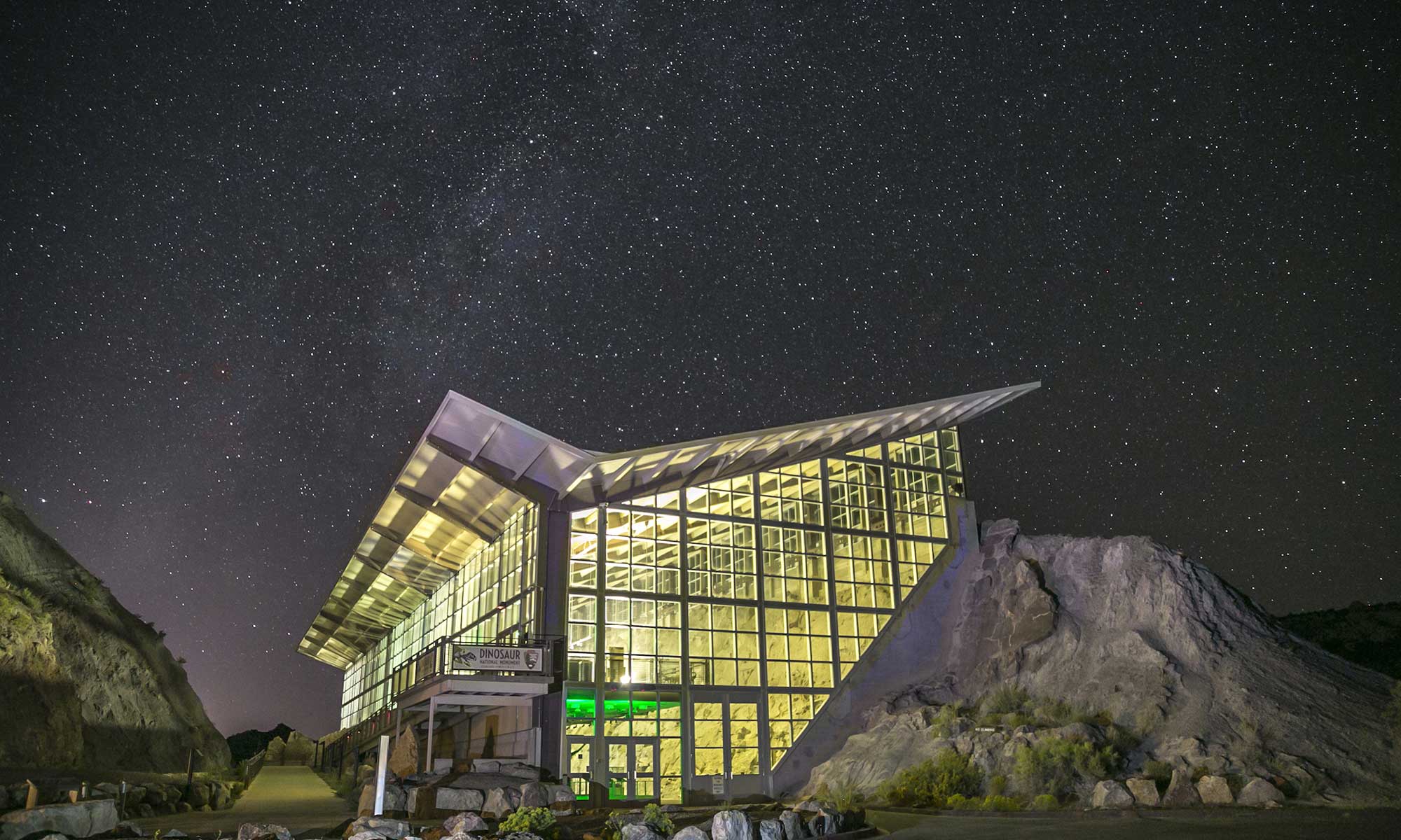 Stars fill the sky above the Quarry Exhibit Hall in Dinosaur National Monument | NPS Photo by Jacob Holgerson